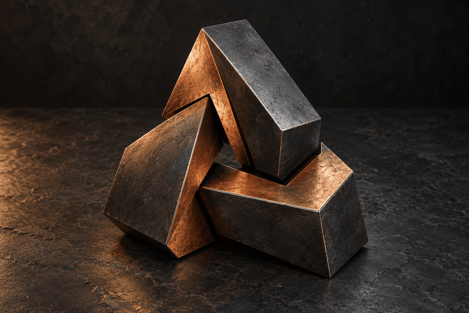 Interlocking graphite and copper sculptures, created for Forge.