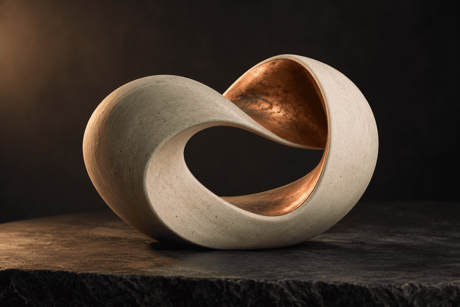 Abstract ceramic ribbon with a warm copper inner fold, created for Matcha.